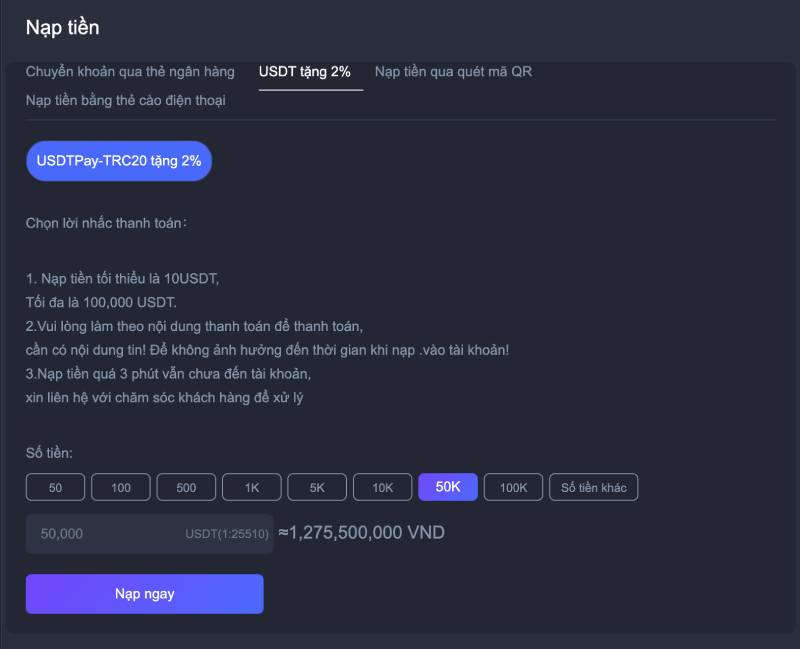 Nạp tiền bằng USDT (Crypto) – Tặng thêm 2%