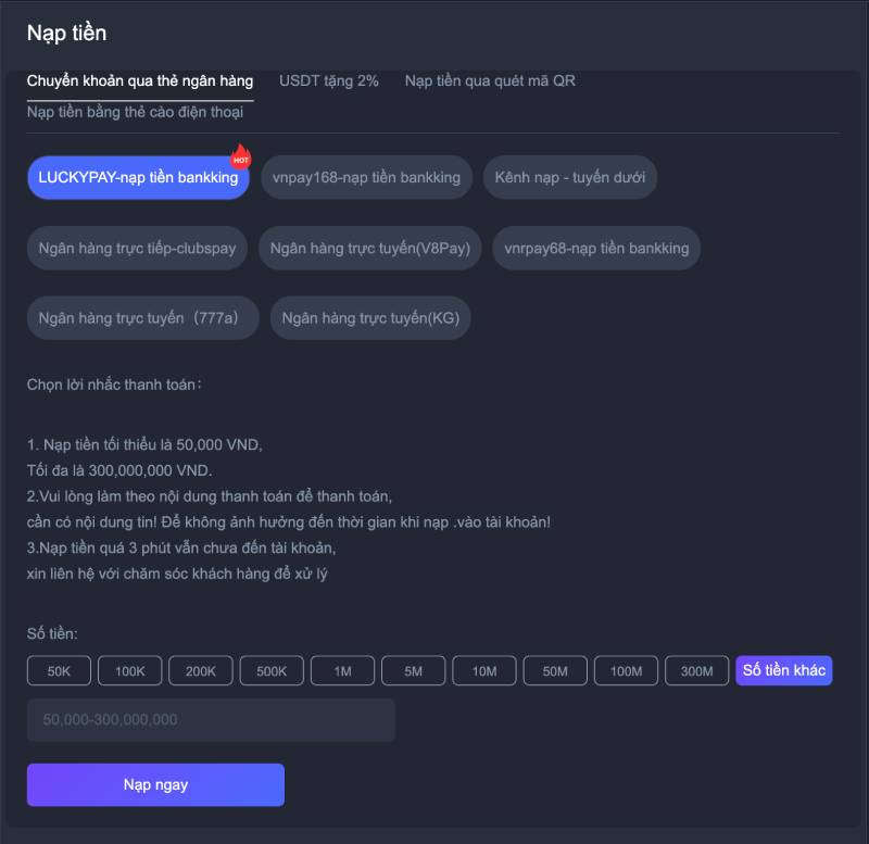 									 Nap tien qua chuyen khoan ngan hang